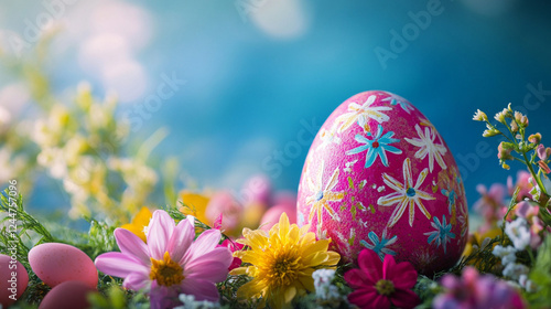 Soft-focus pastel Easter eggs nestled in fresh green grass, illuminated by warm morning sunlight, capturing a peaceful seasonal atmosphere photo