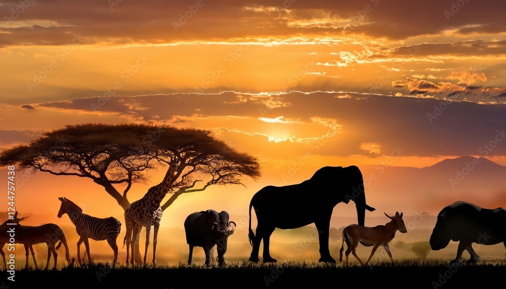 Vivid African Safari Scene A Striking Collage of Wildlife and Savannah Vibrancy, Showcasing a Majestic Elephant, Playful Cheetahs, and a Scenic Sunset. Vivid African Safari Scene A Striking Collage of Wildlife and Savannah Vibrancy, Showcasing a Majestic Elephant, Playful Cheetahs, and a Scenic Sunset.