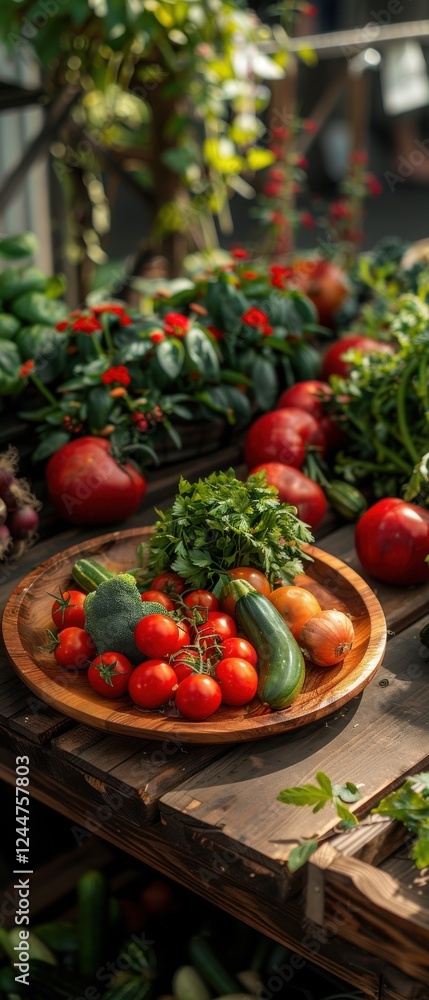 Rich chestnut wooden plate overflows with garden-fresh tomatoes, zucchini, broccoli, and parsley. Farmers market setting. Handcrafted charm. Rich chestnut wooden plate overflows with garden-fresh tomatoes, zucchini, broccoli, and parsley. Farmers market setting. Handcrafted charm.
