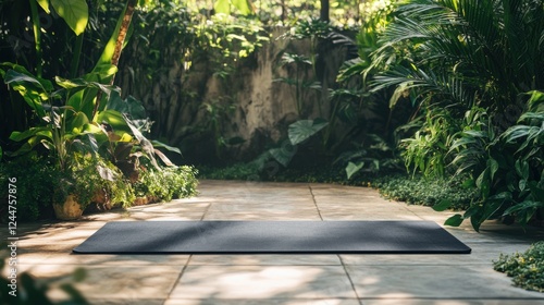 Outdoor Yoga Oasis: A serene scene of a yoga mat set against a backdrop of lush greenery, inviting you to find peace and mindfulness in nature.