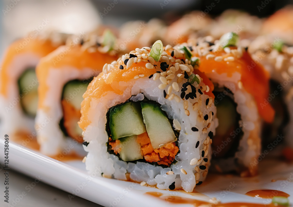 Veggie roll with cucumber, avocado, and carrot, presented on a black slate plate, professional food photography, top-down view composition. Veggie roll with cucumber, avocado, and carrot, presented on a black slate plate, professional food photography, top-down view composition.