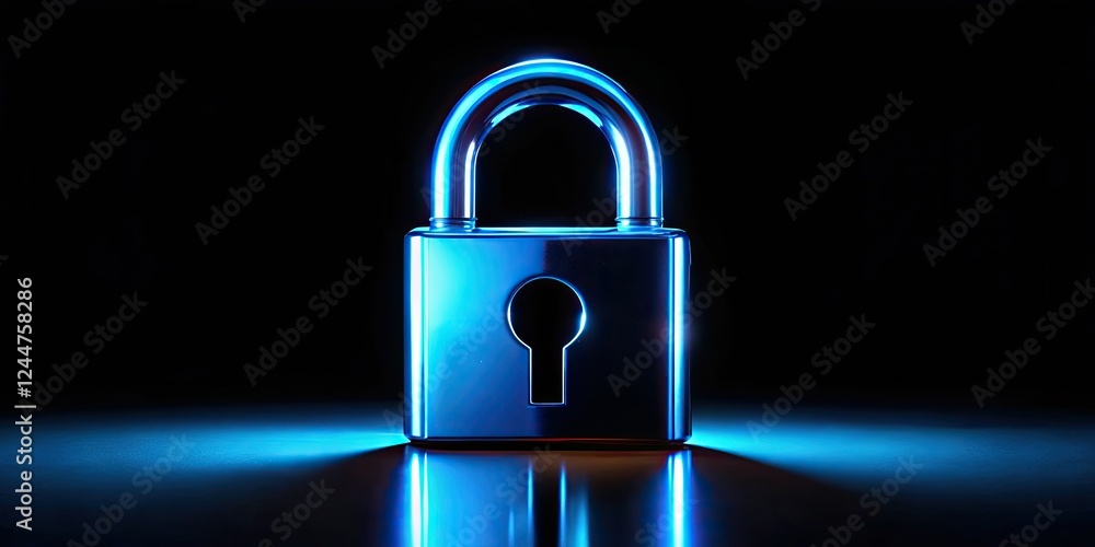 Fototapeta premium A glowing blue padlock silhouette against a dark backdrop symbolizes cybersecurity, digital security, and robust protection.