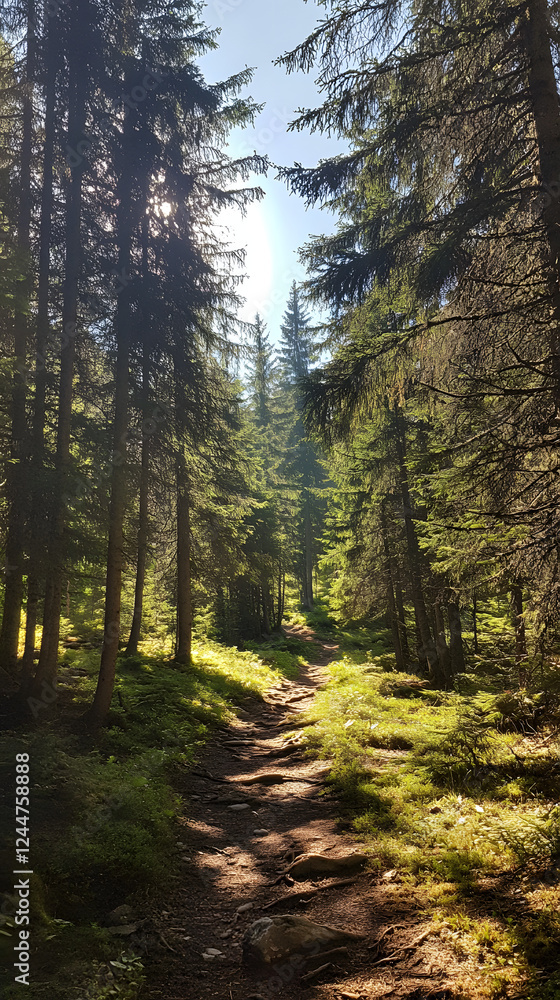 Dense Pine Forest Bathed in Gentle Sunlight Dense Pine Forest Bathed in Gentle Sunlight