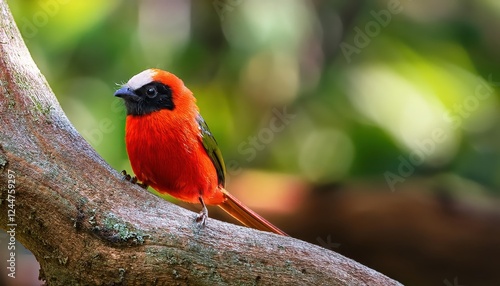 Vibrant Scarlet Minivet Perched on Forest Branch at Twilight Stunning Birdwatching Moment Captured in the Heart of a Lush Green Forest photo