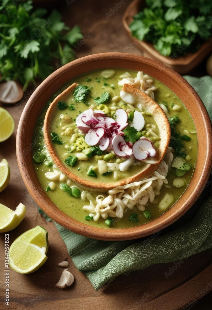 Rich and creamy pozole verde in a earthenware bowl , bowl, soup Rich and creamy pozole verde in a earthenware bowl , bowl, soup