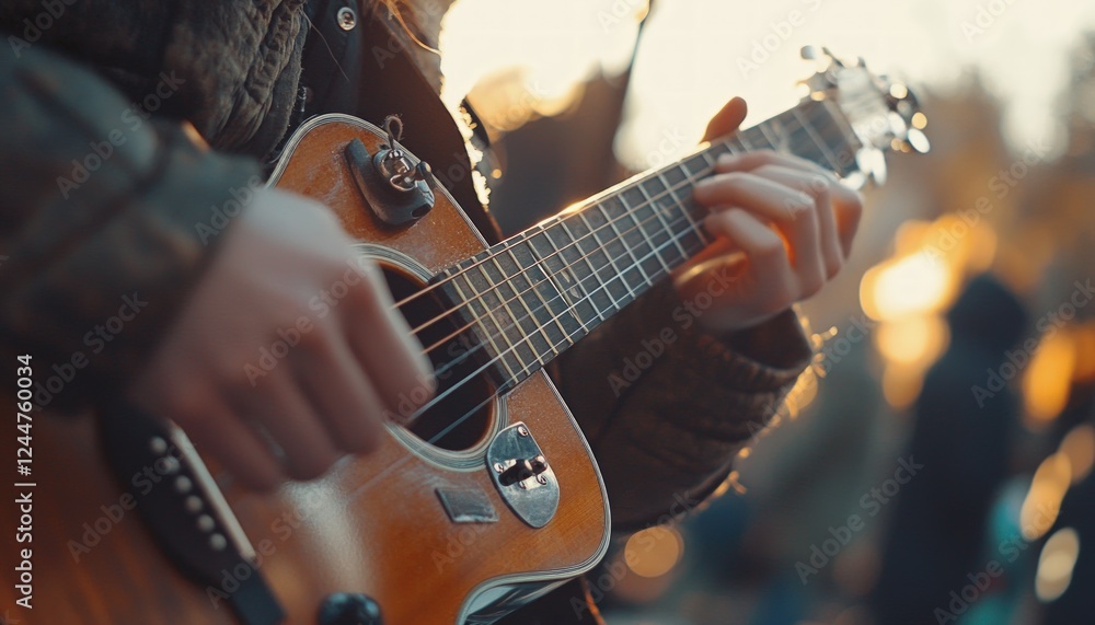 Obraz premium Sunset Acoustic Guitarist: A Golden Hour Serenade.