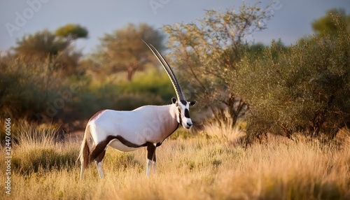 Majestic ScimitarHorned Oryx Roaming the Sand Dunes under the Soft Light of a Desert Sunrise, against the Backdrop of a Vast Red and Orange Sky photo