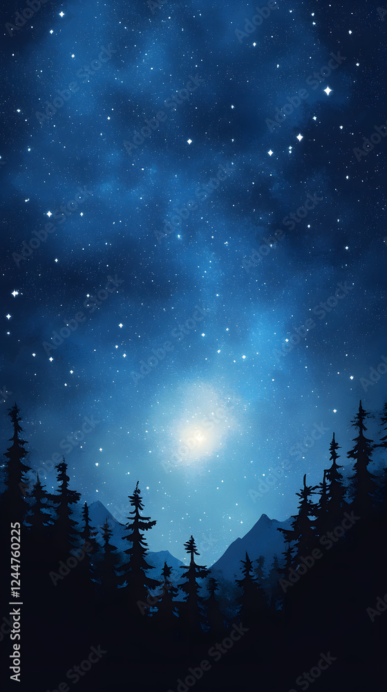 Naklejka premium Enchanting Stars and Milky Way Above Dark Forest