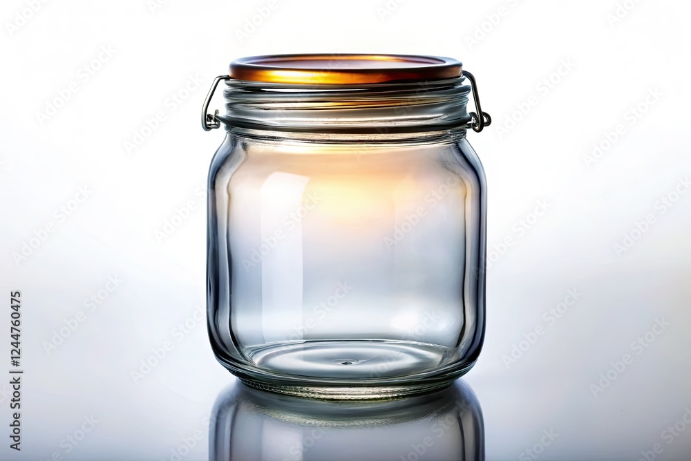 A mystic, empty glass jar with a metal lid, isolated on white; surreal still life, fantasy photography. A mystic, empty glass jar with a metal lid, isolated on white; surreal still life, fantasy photography.