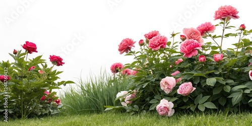 Fototapeta Naklejka Na Ścianę i Meble -  Roses and peonies in a lush green setting, peony flowers, nature photography, roses, garden blooms