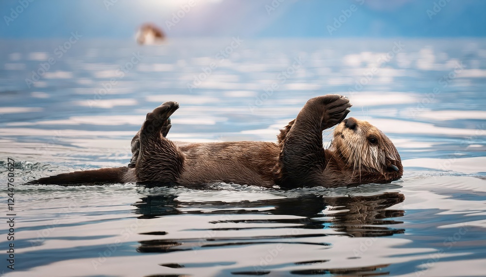 Fototapeta premium Stunning Sea Otter Floating Gracefully on its Back in the Icy Waters of Alaskas Inside Passage at Twilight