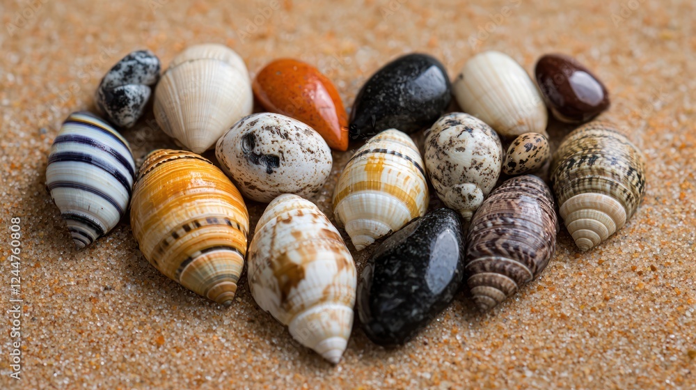 A collection of colorful seashells arranged on sandy beach. A collection of colorful seashells arranged on sandy beach.