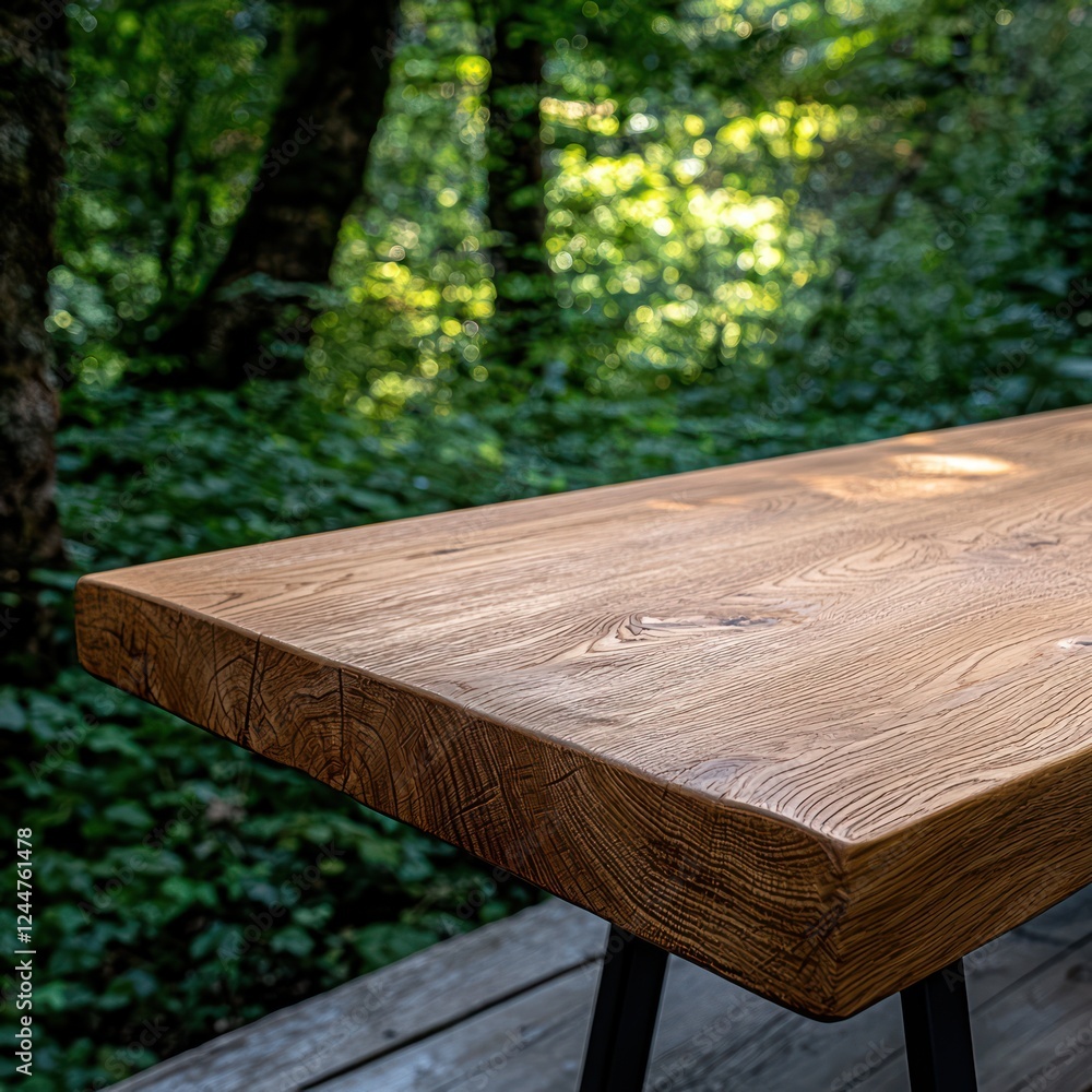 Fototapeta premium A close-up of a wooden table in a lush green forest setting.