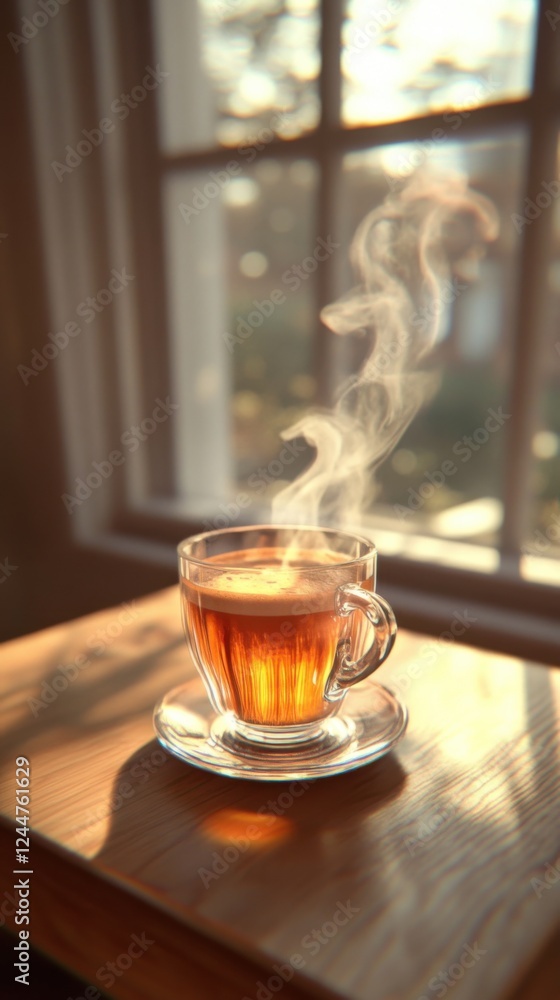 Steaming espresso cup rests on a sleek table with warm sunlight streaming in Steaming espresso cup rests on a sleek table with warm sunlight streaming in