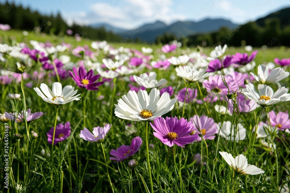 A vibrant field of blooming white and purple flowers under a sunny sky with mountains in the background. A vibrant field of blooming white and purple flowers under a sunny sky with mountains in the background.