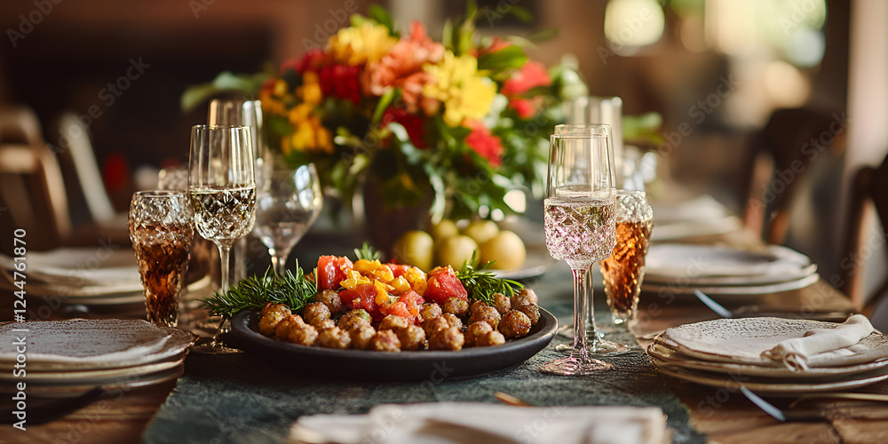 Fototapeta premium Table Setting with Mini Meatball Appetizers and Garnishes