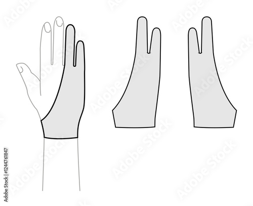 Drawing Gloves Elbow length Fashion hand accessory clothing technical illustration garment. Vector front palm back view for Men, women, unisex style flat template CAD mockup sketch outline on white