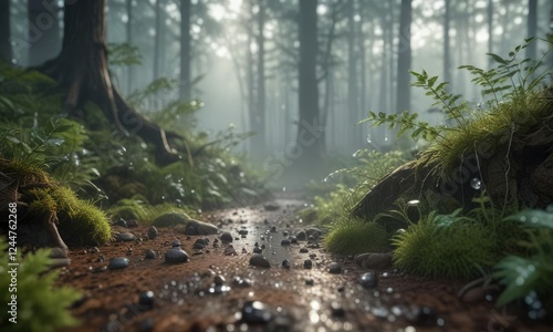 Shimmering mist envelops the forest floor with tiny droplets, rivulets, vegitation, forest photo