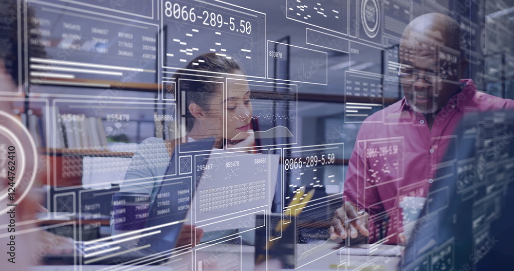 Fototapeta premium Business meeting with data analytics image over diverse colleagues in office