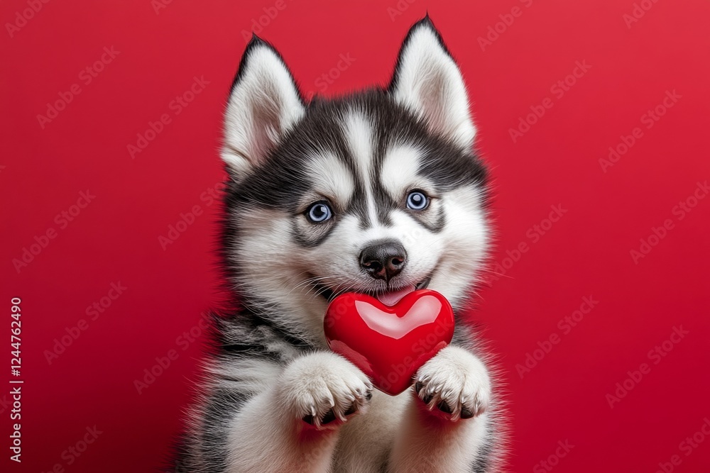 Digital ads visual idea. Cute siberian husky canine with diamond red heart - sign of love, funny greeting card. Siberian husky - my beloved dog. Friendship with pets. Valentine's pet ideas. Digital ads visual idea. Cute siberian husky canine with diamond red heart - sign of love, funny greeting card. Siberian husky - my beloved dog. Friendship with pets. Valentine's pet ideas.