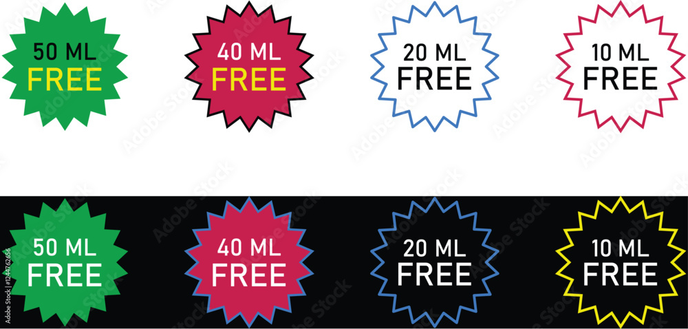 Free Sample Sizes 50, 40, 20, and 10 ML Offer Icons. Free Sample Sizes 50, 40, 20, and 10 ML Offer Icons.