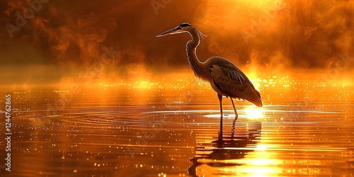 Great egret in misty sunrise lake.