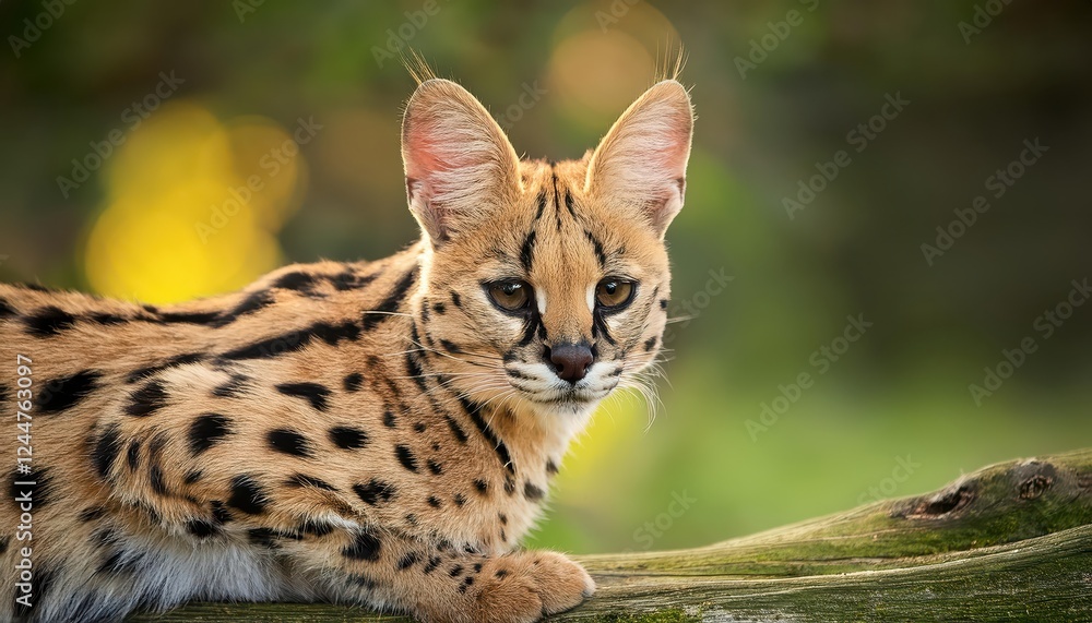 Striking Serval Portrait in Lush Nature Park Majestic Feline Captured Amidst Greenery and Dappled Sunlight at Dusk Striking Serval Portrait in Lush Nature Park Majestic Feline Captured Amidst Greenery and Dappled Sunlight at Dusk