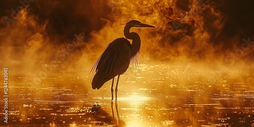 Great egret in misty sunrise lake.