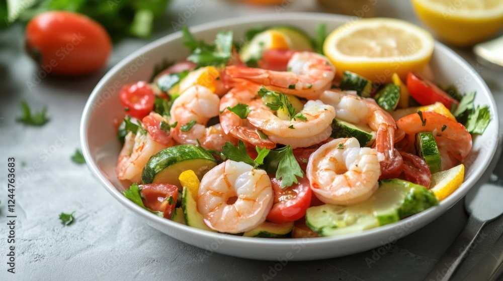Shrimp Salad Delights: A bowl of fresh and vibrant shrimp salad, featuring juicy shrimp, sliced vegetables and a zesty lemon wedge, ready to tantalize your taste buds. Shrimp Salad Delights: A bowl of fresh and vibrant shrimp salad, featuring juicy shrimp, sliced vegetables and a zesty lemon wedge, ready to tantalize your taste buds.