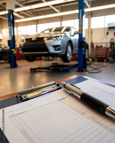 Wallpaper Mural A professional automotive repair shop with a focus on a car being serviced on a hydraulic lift, along with a clipboard and pen for documentation in the foreground

 Torontodigital.ca