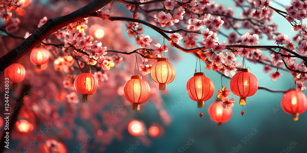 Cherry Blossom Branches Glowing with Red Festive Lights Cherry Blossom Branches Glowing with Red Festive Lights