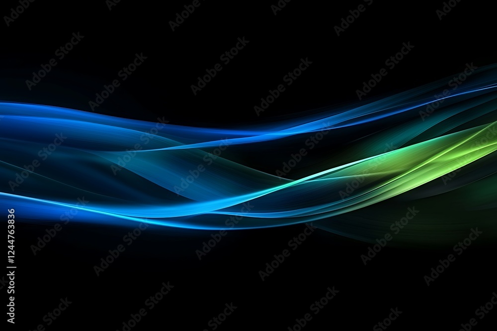 Naklejka premium Flowing dynamic light lines in blue and green colors on a black background, representing AI and 5G communication