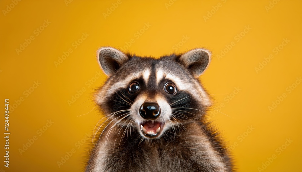 Stunned Raccoon in Vibrant Studio Setup Yellow Backdrop with Open Mouth and Expressive Eyes, Portraying Surprise and Astonishment. Stunned Raccoon in Vibrant Studio Setup Yellow Backdrop with Open Mouth and Expressive Eyes, Portraying Surprise and Astonishment.