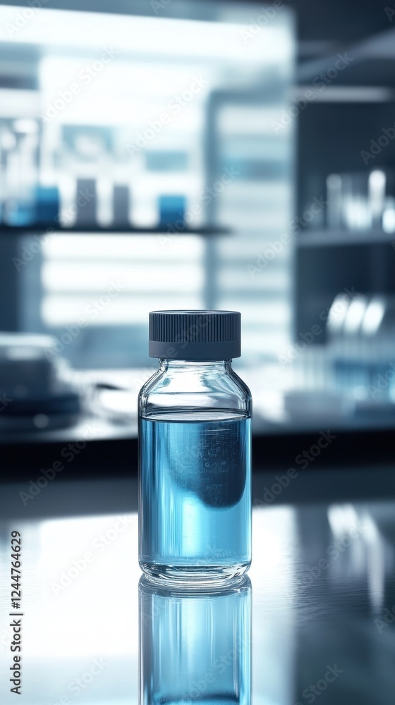 Laboratory Vial with Blue Liquid, Scientific Research, Medical Sample, Glass Bottle, Chemistry Experiment, Science Background Laboratory Vial with Blue Liquid, Scientific Research, Medical Sample, Glass Bottle, Chemistry Experiment, Science Background
