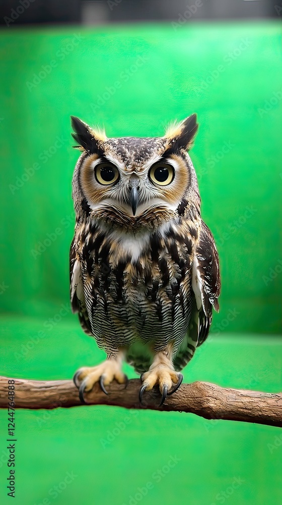 Majestic Great Horned Owl on Green Background Majestic Great Horned Owl on Green Background