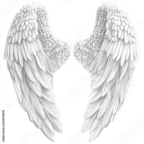 Angelic Wings:  A pair of beautifully detailed white angel wings, each feather meticulously rendered, evokes a sense of ethereal beauty, purity, and spiritual grace. photo