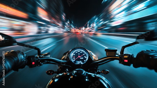 Fast-paced night city motorcycle ride with blurred lights and speedometer in focus capturing the thrill of urban adventure