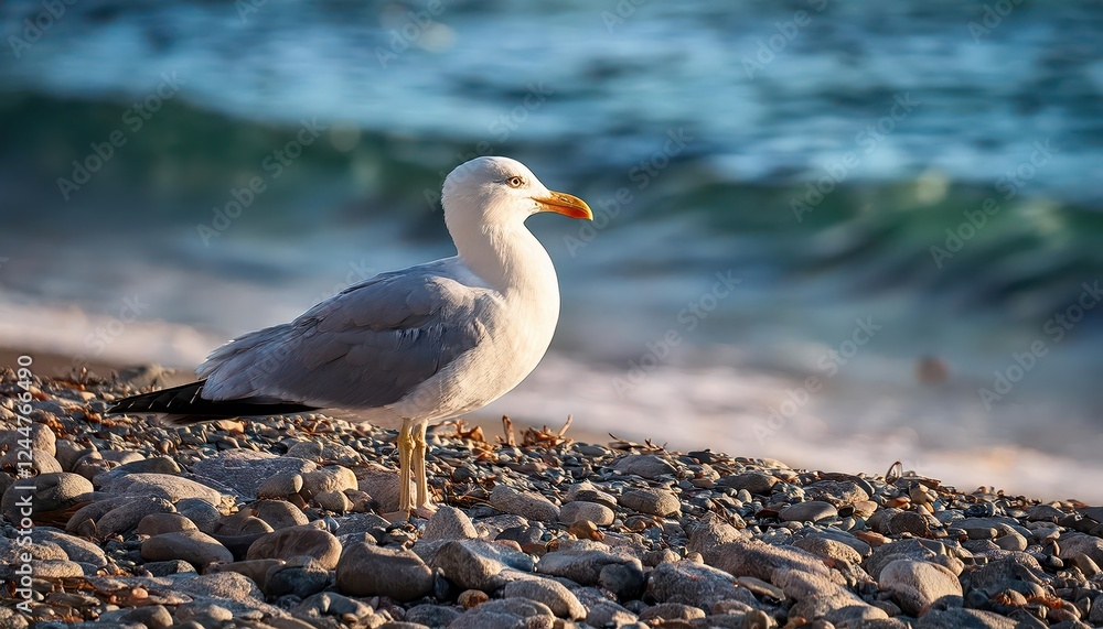 Majestic Side View of a Sea Gull Perched on a Rocky Beach at Dusk A Glimpse of Coastal Wildlife Amidst Striking Rocks and FoamFlecked Waters, Capturing the Essence of Seaside Tranquility. Majestic Side View of a Sea Gull Perched on a Rocky Beach at Dusk A Glimpse of Coastal Wildlife Amidst Striking Rocks and FoamFlecked Waters, Capturing the Essence of Seaside Tranquility.