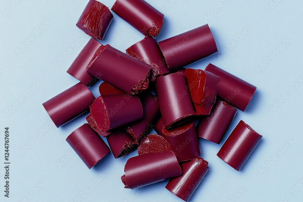 Vibrant red lipstick pieces scattered on a light blue background, emphasizing creativity and beauty Perfect for cosmetics branding and fashion concepts Vibrant red lipstick pieces scattered on a light blue background, emphasizing creativity and beauty Perfect for cosmetics branding and fashion concepts