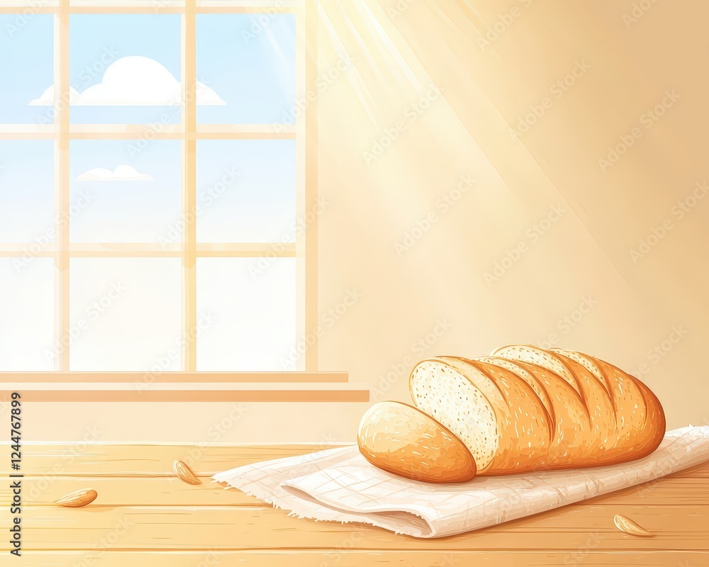 Freshly Baked Bread on Table with Sunlight Freshly Baked Bread on Table with Sunlight