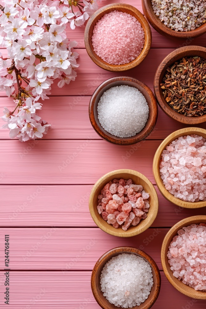 A collection of various salts in wooden bowls with cherry blossoms on a pink surface. A collection of various salts in wooden bowls with cherry blossoms on a pink surface.