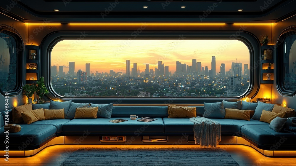 Fototapeta premium Futuristic Cityscape Viewed From Modern Sectional Sofa