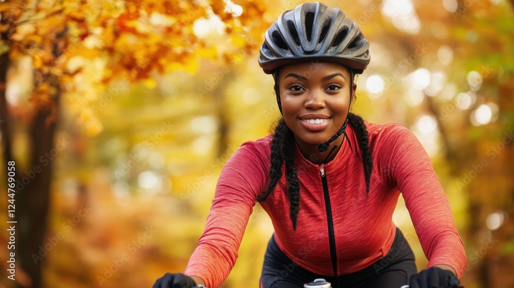 Smiling Cyclist in Autumnal Forest Smiling Cyclist in Autumnal Forest