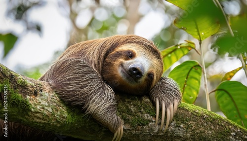 Peaceful Moment Sloth Bear Napping Amongst the Emerald Canopy of Venezuelas Rich Rainforests, Amidst a Symphony of Wildlife and Biodiversity photo