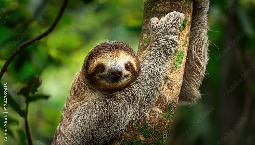 Fototapeta premium Peaceful Sloth in its Rainforest Home A Glimpse of Wildlife Harmony amidst the Verdant Canopy at Dusk, showcasing the Enchanting Beauty and Tranquility of a Tropical Sanctuary.