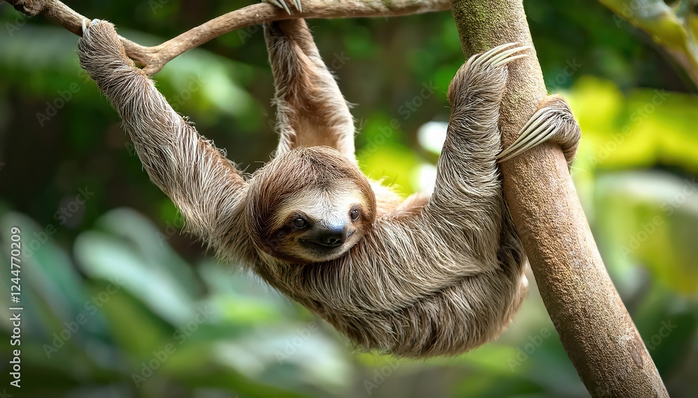 Fototapeta premium Adorable Baby Sloth Hanging Loosely in a Tropical Rainforest Canopy, Showcasing its Gentle Nature and Cuddly Appeal in Rich Greens and Earthy Tones.