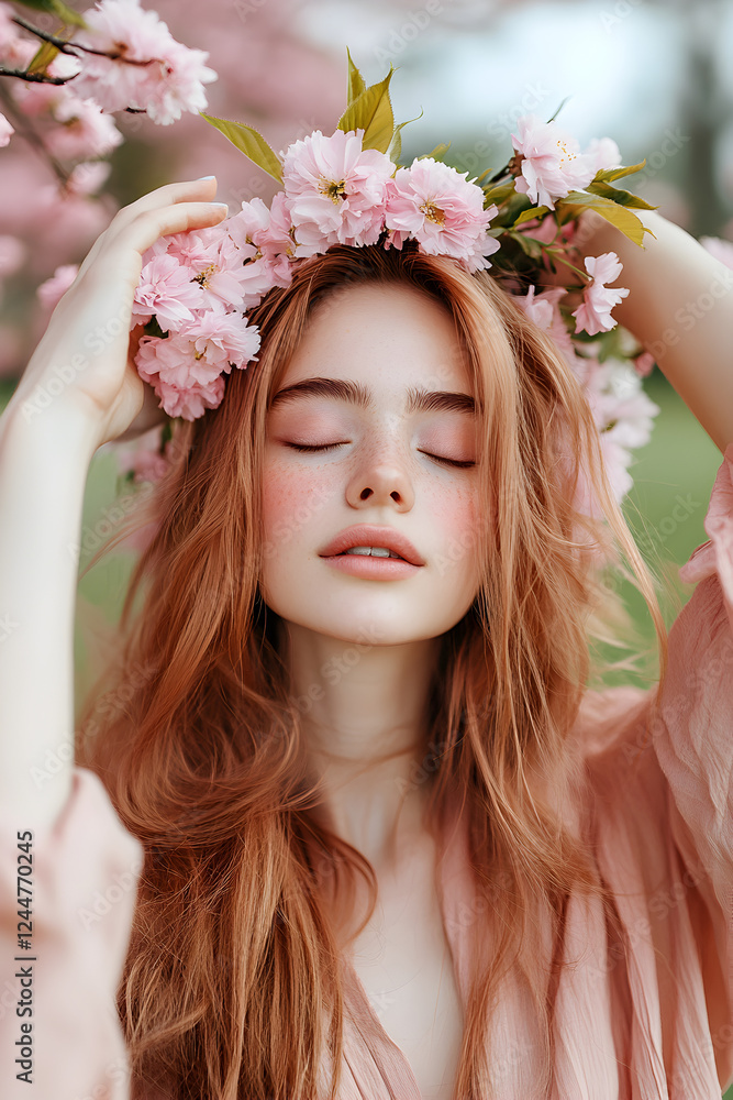 A dreamy, soft-focus editorial portrait of a woman covered in delicate flowers, her makeup pastel and glowing, with windblown hair enhancing the ethereal atmosphere. A dreamy, soft-focus editorial portrait of a woman covered in delicate flowers, her makeup pastel and glowing, with windblown hair enhancing the ethereal atmosphere.