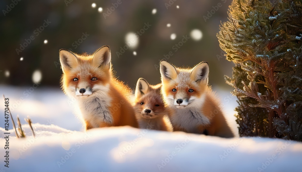 Fototapeta premium Enchanting Winter Gathering A Delightful Group of Tiny Fox Cubs Frolicking Amidst a Snowy Landscape, Caught in a Moment of Playfulness and Joy.