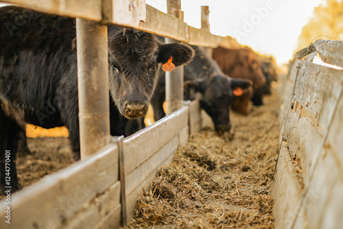 Black Angus calf eating out of a feed bunk at a farm in rural Kansas