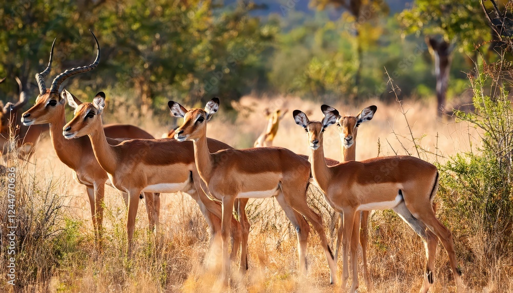Vibrant Small Herd of Impala Ewes Grazing in the African Savannah A Scenic Sunlit Afternoon at Pilanesberg National Park and Game Reserve, South Africa Vibrant Small Herd of Impala Ewes Grazing in the African Savannah A Scenic Sunlit Afternoon at Pilanesberg National Park and Game Reserve, South Africa